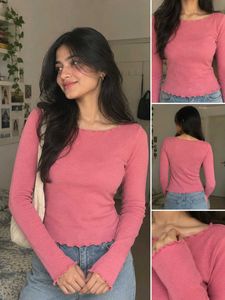 Cute Pink Lettuce Trim Long Sleeve Top