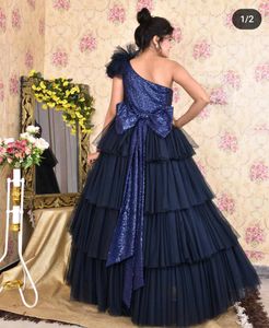 Navy Blue Tulle Ruffle Gown