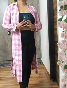 Chic Pink Plaid Long Shrug/Kurta/ shirt