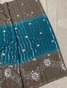 Elegant Embellished Saree - Teal and Brown