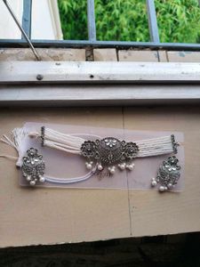 silver oxidised choker with earings