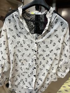 Sheer Horse Print Button-Up Blouse