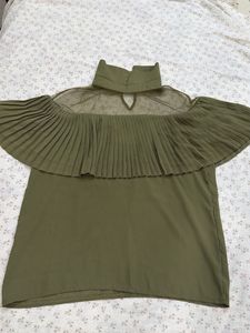 Olive Green Pleated Mesh Top