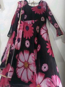 anarkali suit with dupatta , black and pink colour