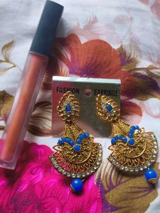 Golden Earrings With Free  Lipstick
