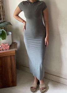 Grey Hooded Bodycon Maxi Dress