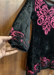 Black Faux Fur Kurta with Pink Embroidery