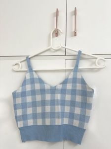 Blue Gingham Knit Crop Top