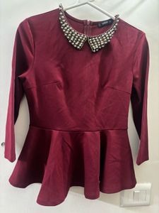 SHEIN Burgundy top with Embellished Collar