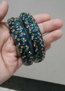 Teal &amp; Gold Embellished Bangles (Set of 2)