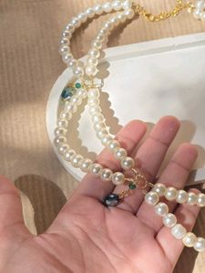 swirl Pearl Necklace with drop rama green beads