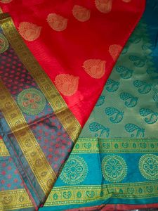 Vibrant Red Saree with Teal Border
