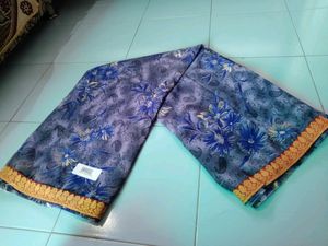 Blue Printed Saree With Unstitched Blouse