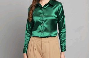 Elegant Emerald Satin Button-Down Shirt