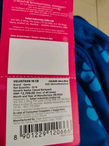 Genie Velveteen 36l Laptop Bag With Tag