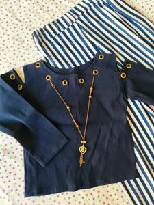Navy Blue Striped Kurta Set with Necklace