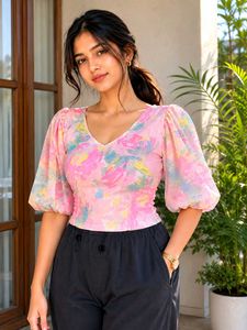 Chic Pink Floral Puff Sleeve Top