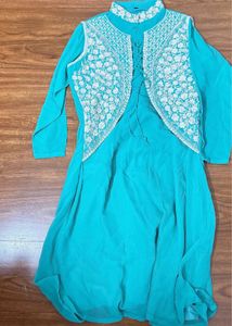 Teal Kurta Set with White Embroidery