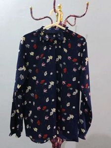 Navy Floral Print Ruffle Neck Top