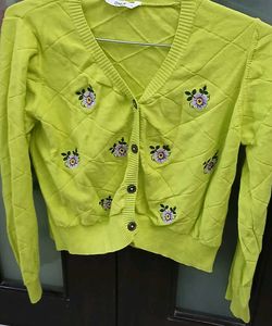 Cute Embroidered Lime Green Cardigan - XL Size