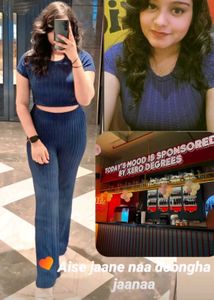 Blue Ribbed Crop Top &amp; Flare Pants Set