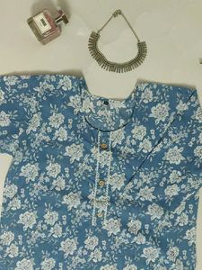 Floral Print Blue Cotton Kurta🤍🌼💙