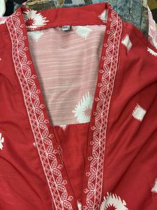 Vibrant Red Saree with White Block Print