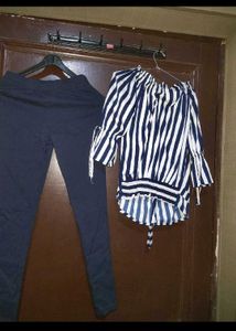 Stylish Striped Off-Shoulder Top with Pants Set