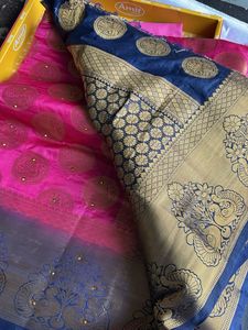 Vibrant Pink Silk Saree with Gold Peacock Motifs