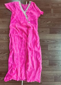 Vibrant leheriya pink dress with Embellished Neckl