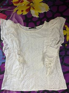 White Eyelet Ruffle Sleeve Top