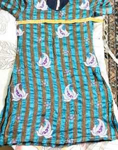 🇬🇧Teal and Gold Striped Kurti with Paisley Print