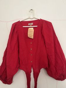 Vibrant Red Linen Blend Blouse
