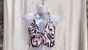 619. Trendy Pink &amp; Black Tribal Print Bikini Top
