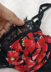 Black Floral Print Lace Trim Bra
