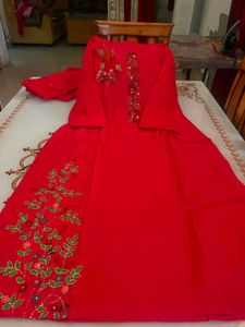 Embroidered Red Kurta with Dupatta and Plazo