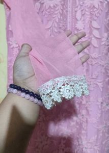 Pink Embroidered Kurta set with lace work dupatta
