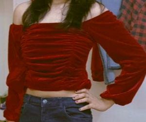 Red Velvet Ruched Square Neck Top