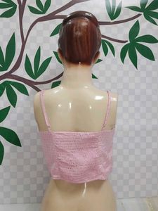 (514)Pink Polka Dot Tie-Front Crop Top