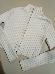 Bershka White Ribbed Knit Zip-Up Top