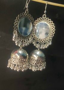 Silver Jhumka Earrings with Mirror Detail