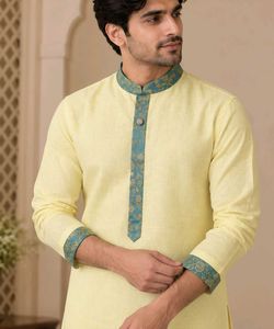 Men's premium Lemon Kurta with Brocade Detailing