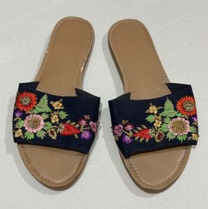 Embroidered Navy Blue Flat Sandals