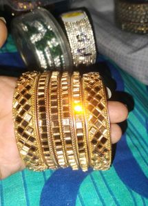 Set of Golden Bangles with Mirror Work