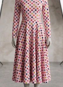 Pink Polka Dot Long Sleeve Midi Dress