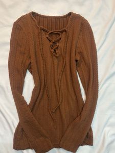 Brown Long Sleeve Lace-Up Top