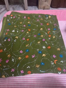 Olive Green Embroidered Saree with Floral Work