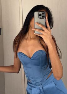 Elegant Blue Satin Corset Top