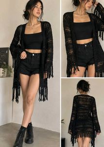 Black Crochet Fringe Cardigan