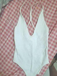 Zara White Plunge Neck Bodysuit